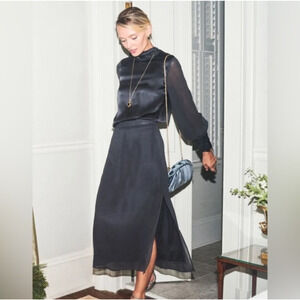 Spartina 449 Women's Briella Silk Midi Skirt Slate Blue, Size 12, With Side Slit